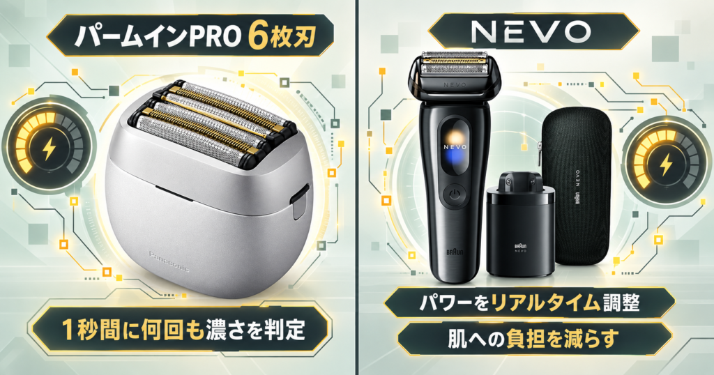 ラムダッシュ パームインPRO6枚刃 vs ブラウンNEVO|AI機能を徹底比較