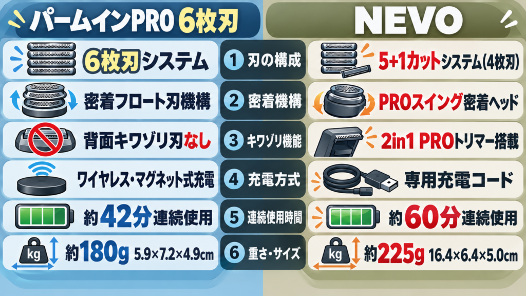 パームインPRO6枚刃とNEVOの違いは?6項目でわかりやすく比較