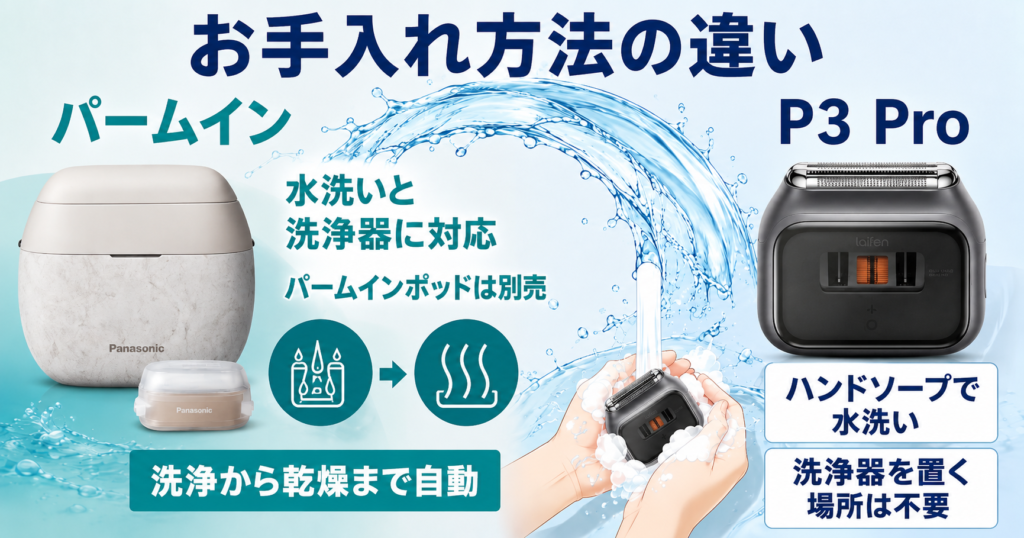 ラムダッシュ パームインPRO6枚刃 vs ライフェンP3Pro｜洗浄方法の違い