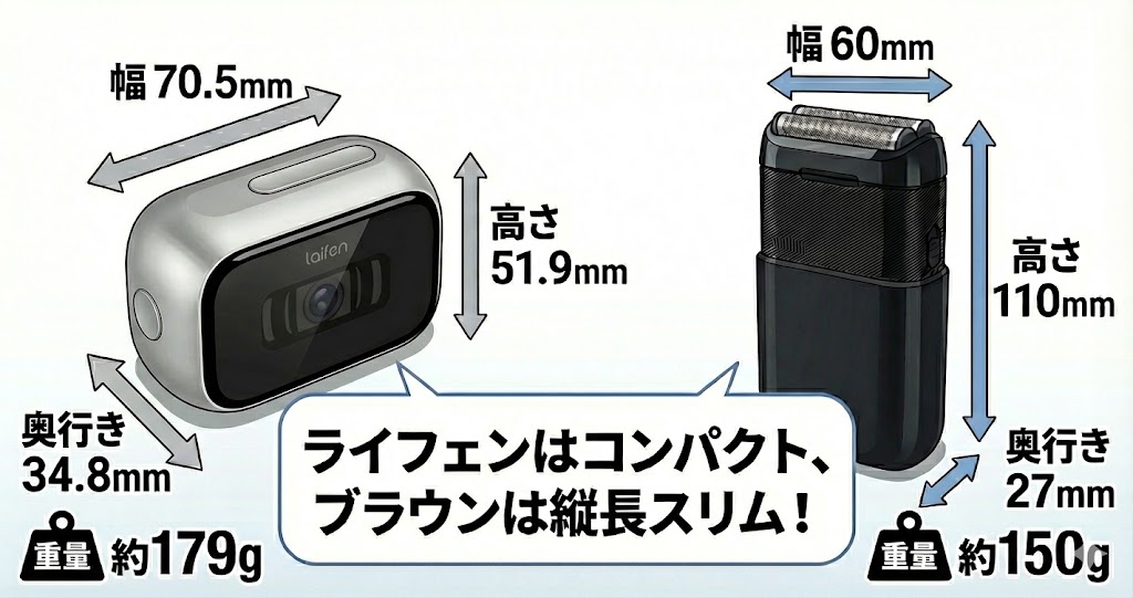 ライフェンP3Proとブラウンミニのサイズ・重量比較