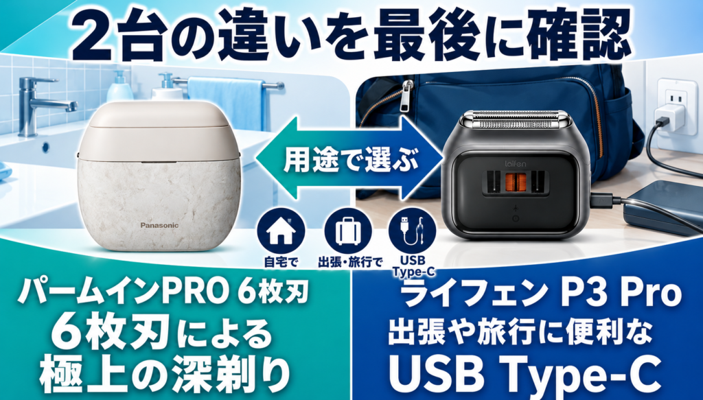 ラムダッシュ パームインPRO6枚刃 vs ライフェンP3 Pro｜違いは深剃り力と充電方式