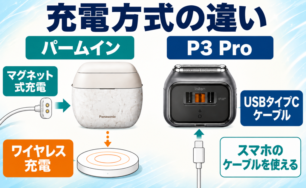ラムダッシュ パームインPRO6枚刃 vs ライフェンP3 Pro｜充電方法の違い
