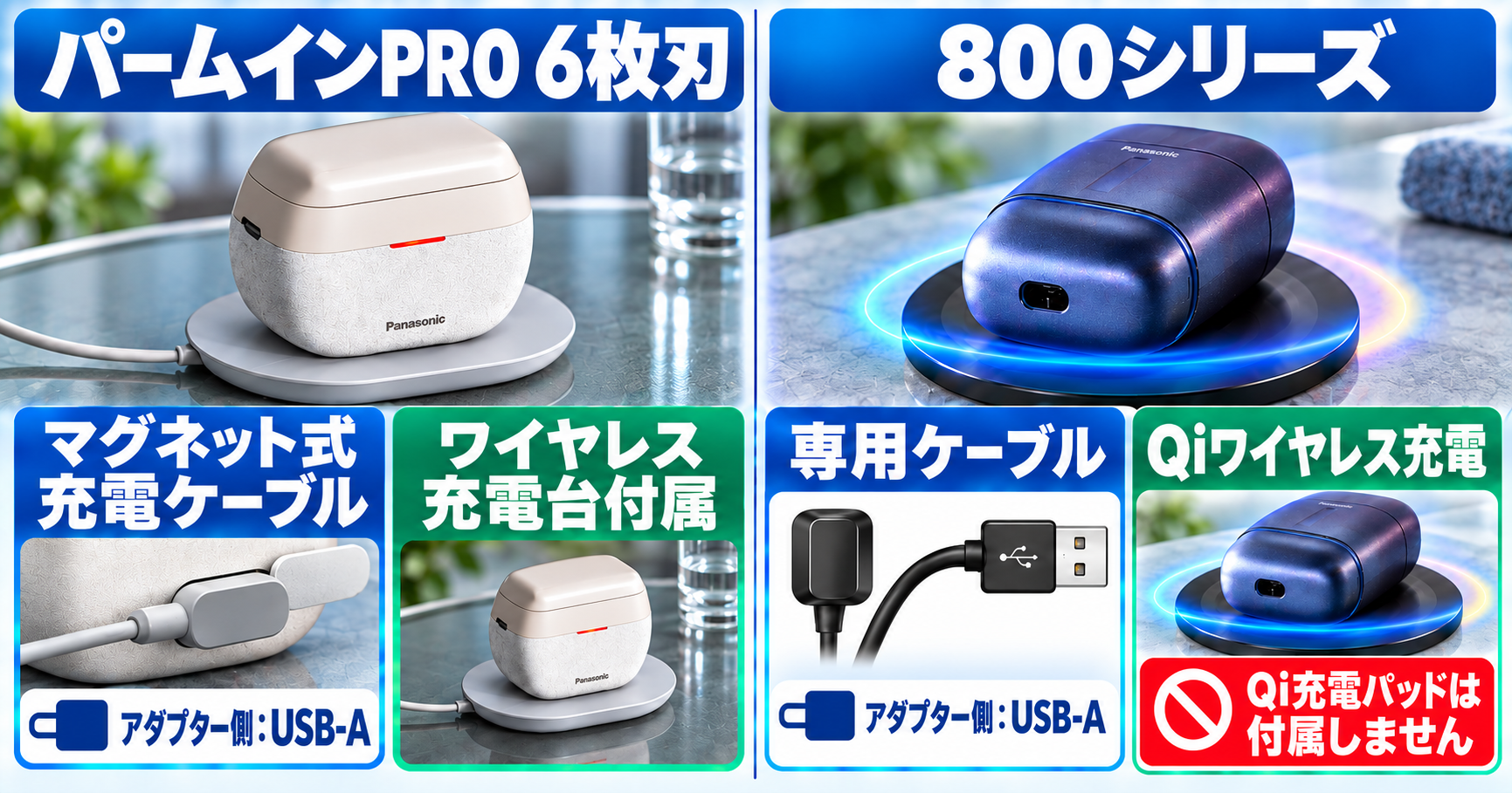 ラムダッシュ パームインPRO6枚刃 フィリップス800シリーズ 違い|専用ケーブル・Qi充電を比較