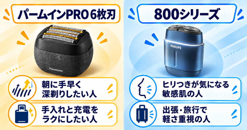 ラムダッシュ パームインPRO6枚刃 フィリップス800シリーズ 違いを徹底比較！おすすめな人も解説
