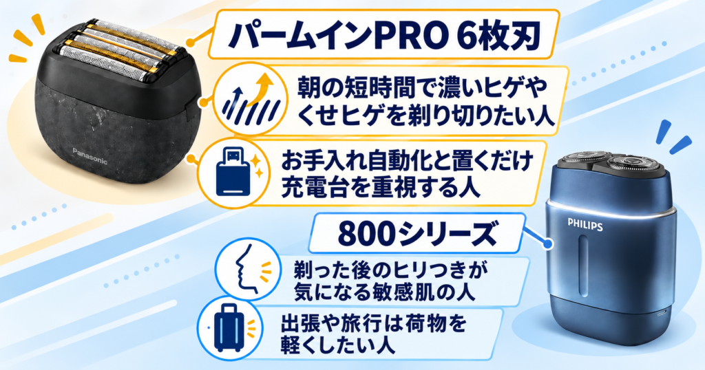 ラムダッシュ パームインPRO6枚刃 フィリップス800シリーズ 違いを徹底比較!おすすめな人も解説