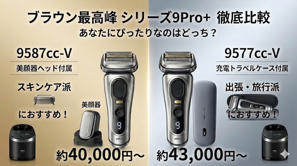 ブラウン シリーズ9Pro+比較！美顔器ヘッドの9587cc-Vか、充電トラベルケースの9577cc-Vか？