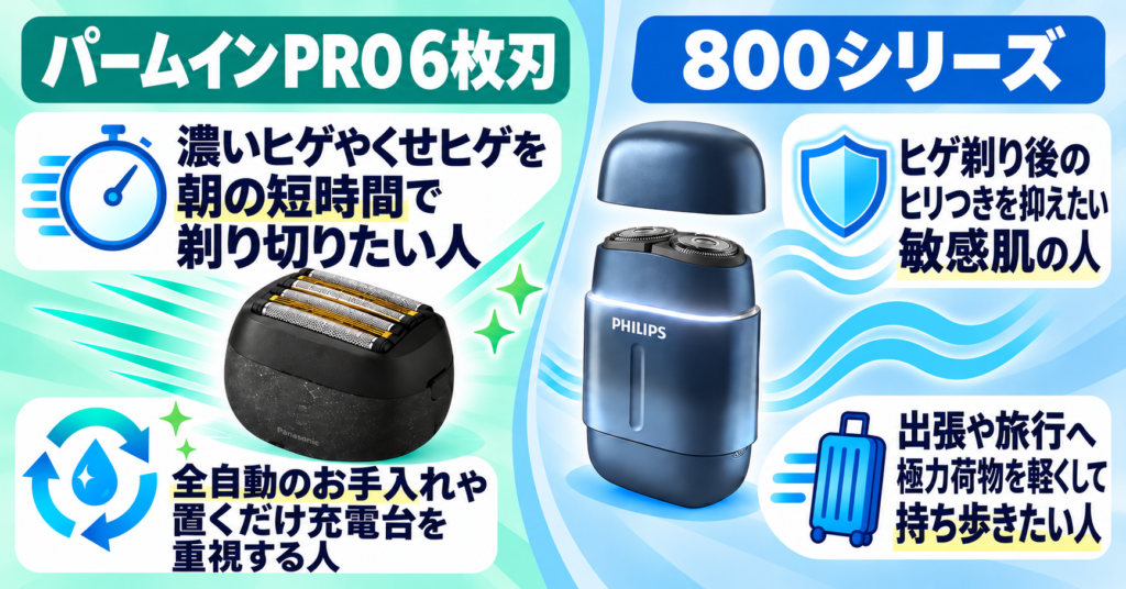 ラムダッシュ パームインPRO6枚刃 フィリップス800シリーズ 違い|特徴とおすすめタイプ