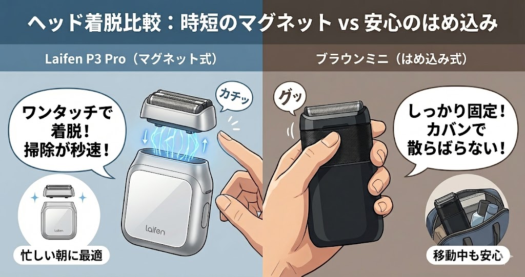 時短のマグネット「ライフェンP3Pro」と安心のはめ込み式「ブラウンミニ」の比較画像