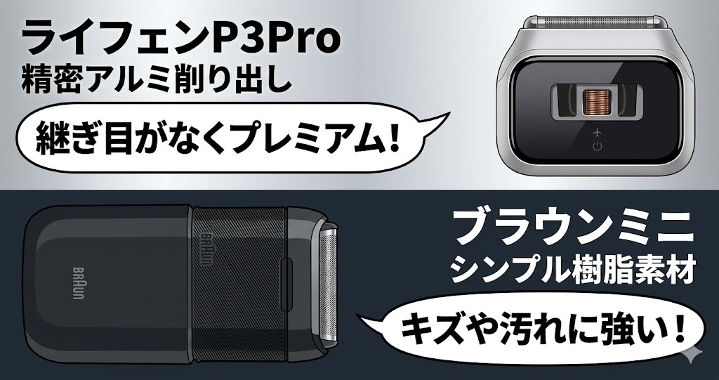 ボディ素材がアルミ削りだしの「ライフェンP3Pro」とシンプルな樹脂素材の「ブラウンミニ」の比較画像