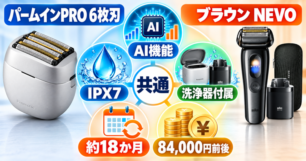 ラムダッシュ パームインPRO6枚刃とブラウンNEVOを比較|共通スペック5つ