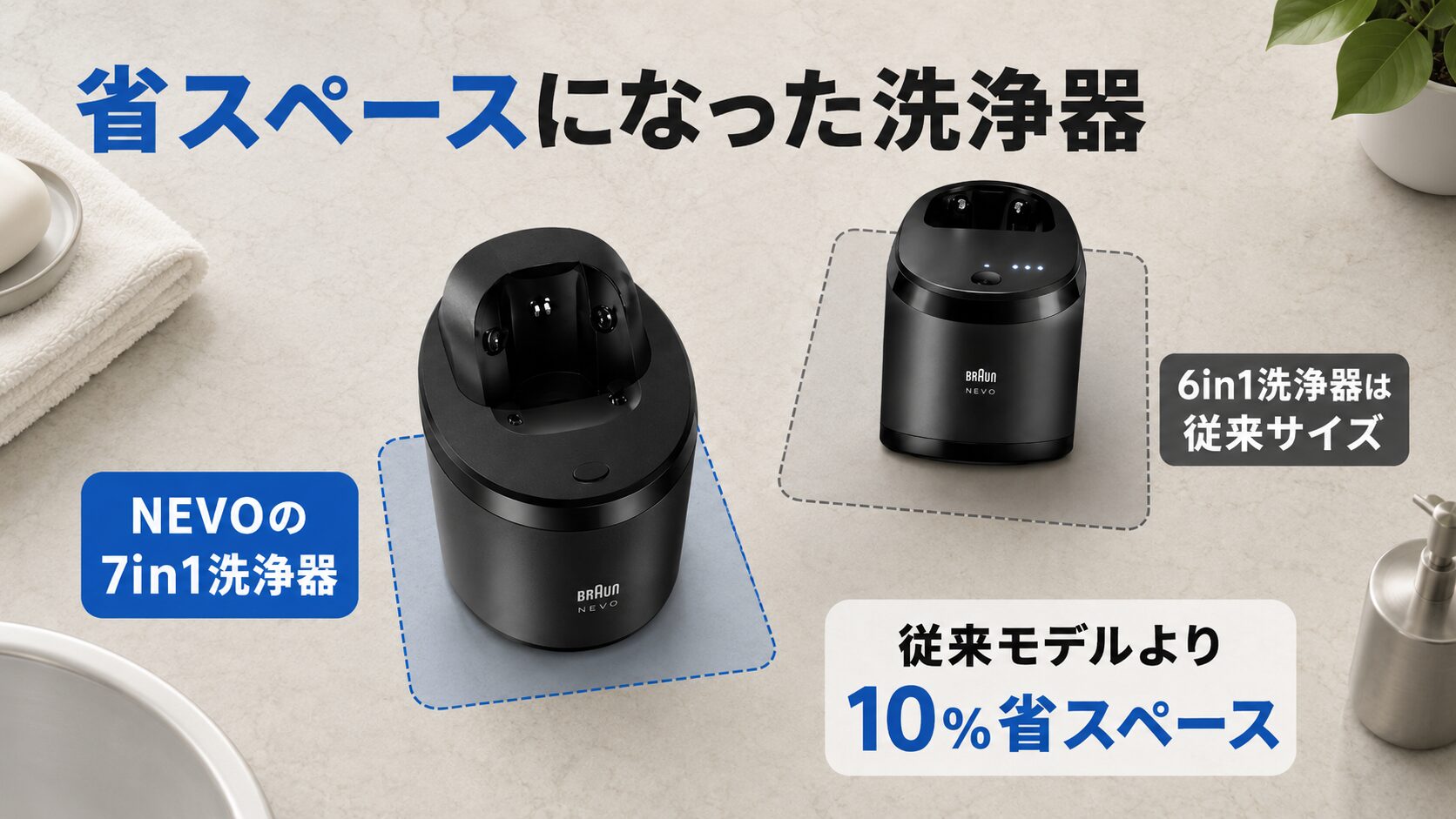 ブラウン NEVO シリーズ9Pro+ 違いを比較|7in1と6in1洗浄器の設置面積