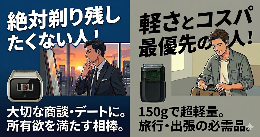 「絶対剃り残したくない人」はライフェンP3Proがおすすめ！「軽さとコスパ最優先の人」はブラウンミニがおすすめ