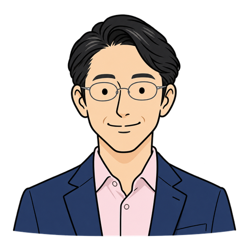 笑顔で紺色のジャケットと銀縁眼鏡を着用した40代男性のイラスト