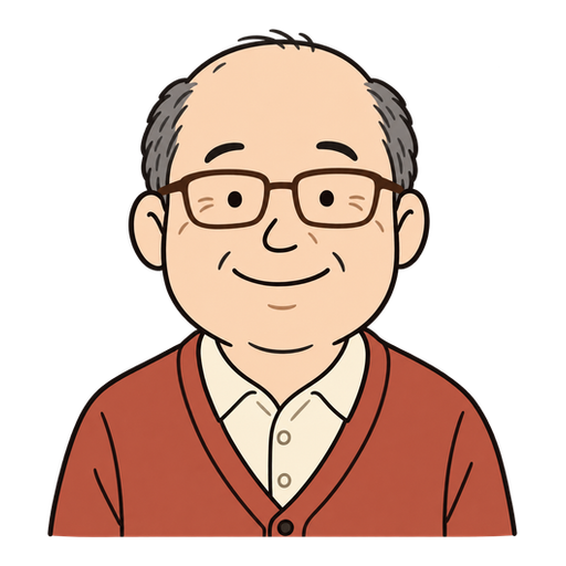 笑顔でカーディガンと茶色い角眼鏡を着用した50代男性のイラスト