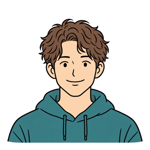 笑顔で青緑色のパーカーを着た、短い茶色の巻き髪の20代男性のイラスト