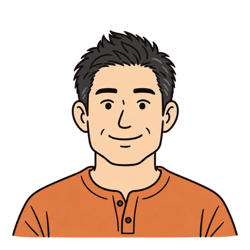 笑顔でオレンジ色のシャツを着た、ソフトモヒカンの30代男性のイラスト