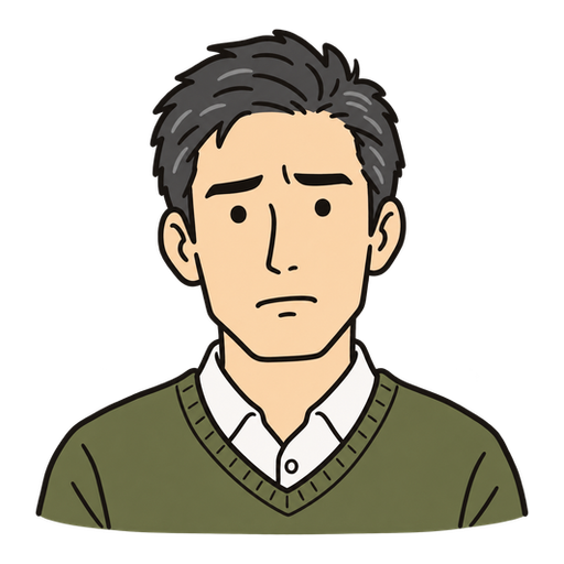 少し困った表情のグレーの短髪の40代男性のイラスト