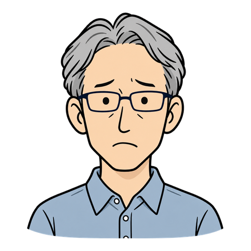 少し困った表情の銀髪と角眼鏡の50代男性のイラスト