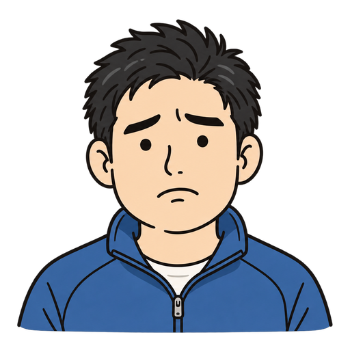 少し困った表情で青いジャケットを着た、黒い短髪の20代男性のイラスト