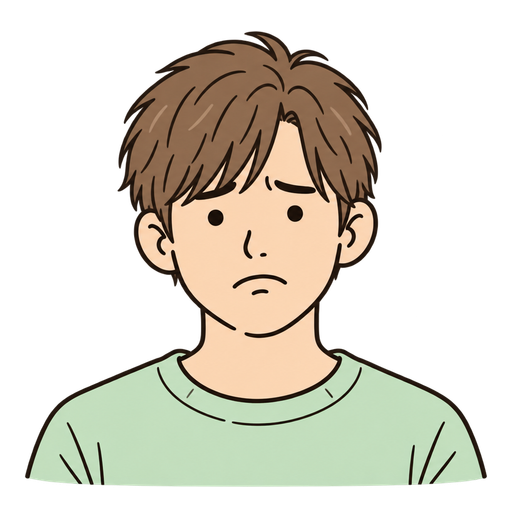 少し困った表情でミントグリーンのTシャツを着た、茶色のまっすぐな短髪の20代男性のイラスト