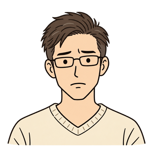 少し困った表情で黒縁眼鏡をかけた、茶色の短髪の30代男性のイラスト
